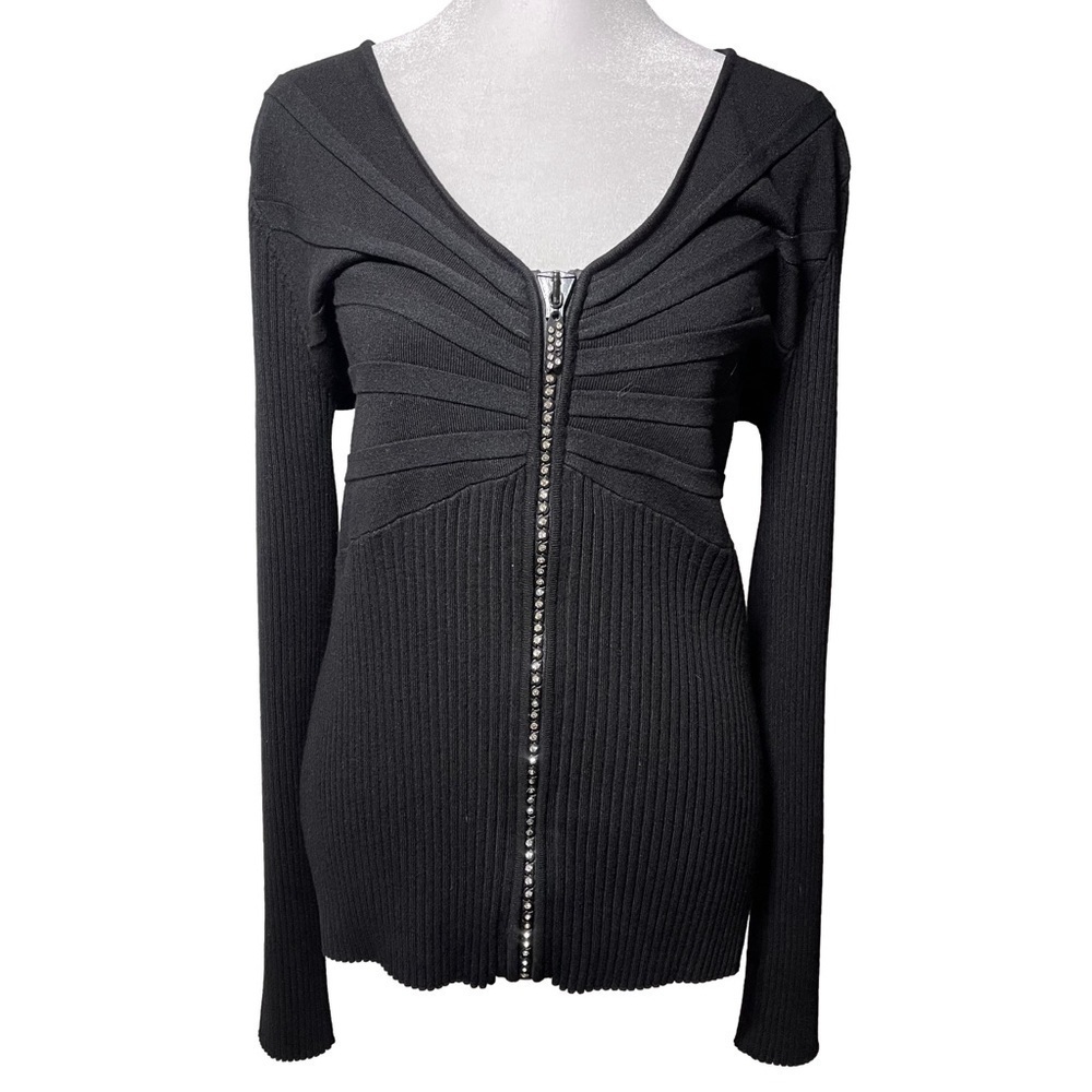 Belldini Black Ribbed Cardigan Sweater Rhinestone Full Zipper V-Neck Long Sleeve